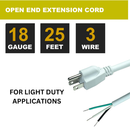 Extension Cord 25 ft with Open End, White Extension Cord 18AWG 3-Prong Power Cord Pigtail NEMA 5-15P Male Plug, 10Amp Max